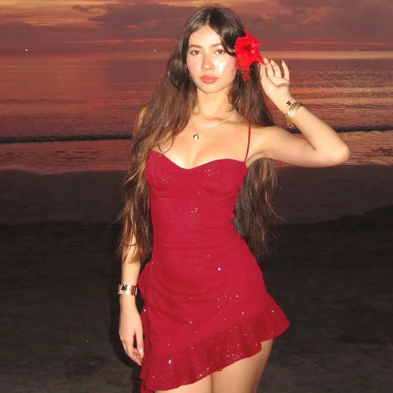 שמלת מיני נצנצים בעיצוב אסימטרי בעיטור מלמלה - קסם