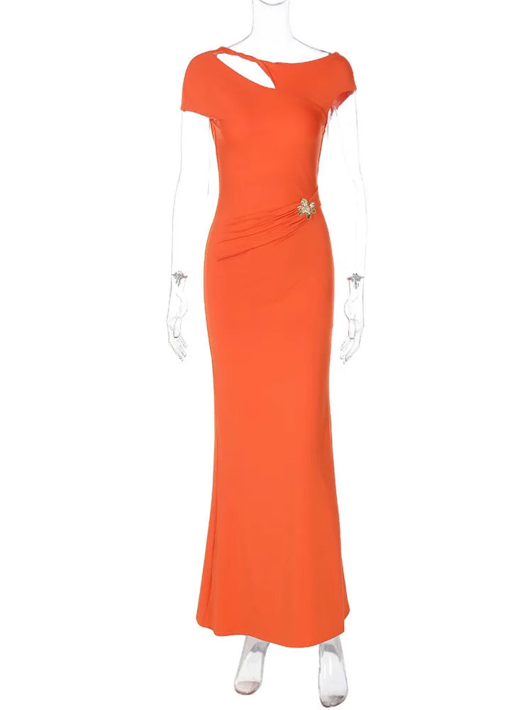 שמלת מקסי גב פתוח בעיטור אבזם פרח - מרינה