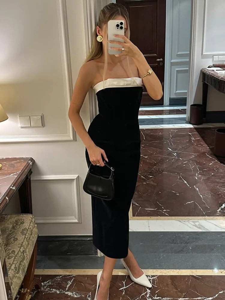 שמלת מידי סטרפלס אלגנטית בעיטור פפיון - MORA