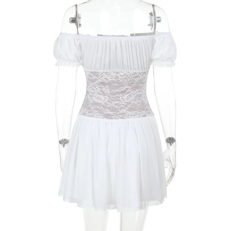 Off-the-shoulder balloon mini dress with lace trim - Fudge