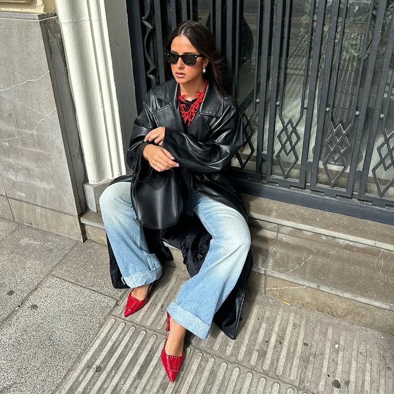 מעיל עור ארוך בשילוב חגורת קשירה - סול