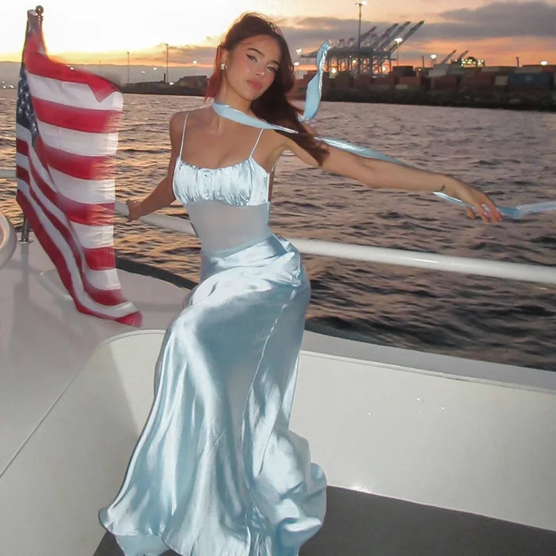 שמלת מקסי סאטן בעיטור רשת וצעיף תואם - סלסטה