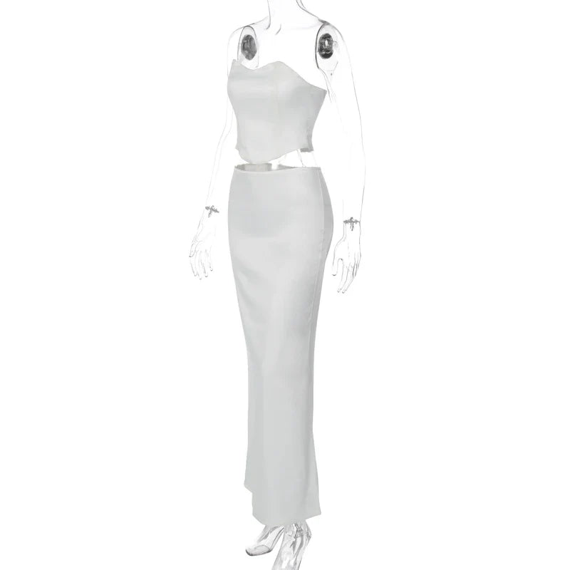 סט סאטן שני חלקים טופ סטרפלס וחצאית מקסי - סיאנה