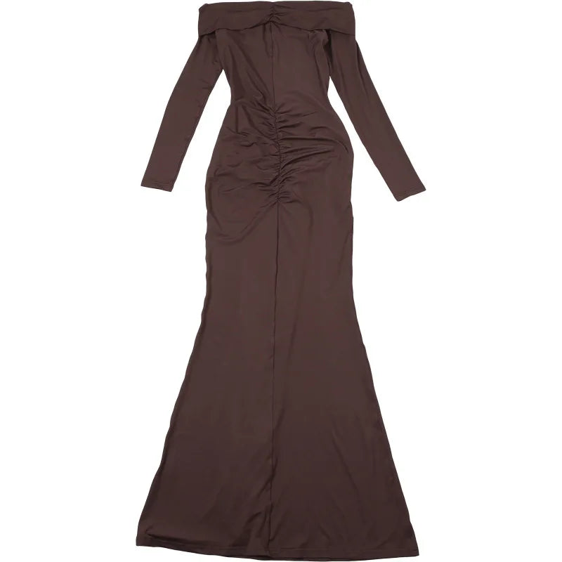 שמלת מקסי כיווצים כתפיים חשופות בעיצוב אבזם זהב - ORA