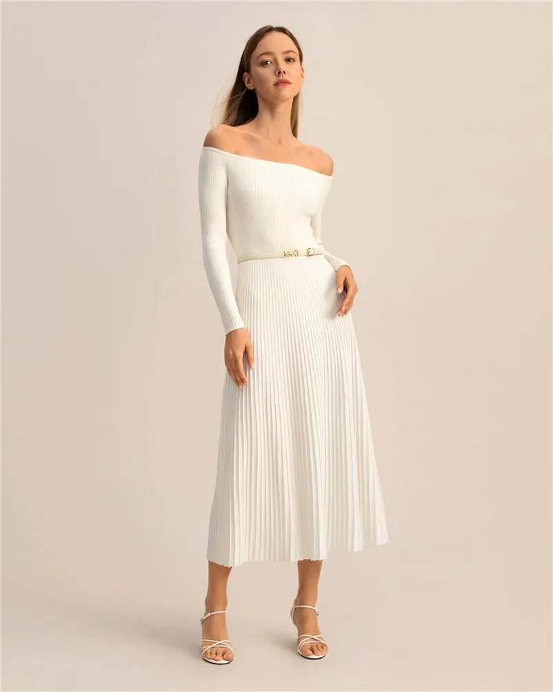 שמלת מידי סרוגה בגזרת A כתפיים חשופות - MILIAN