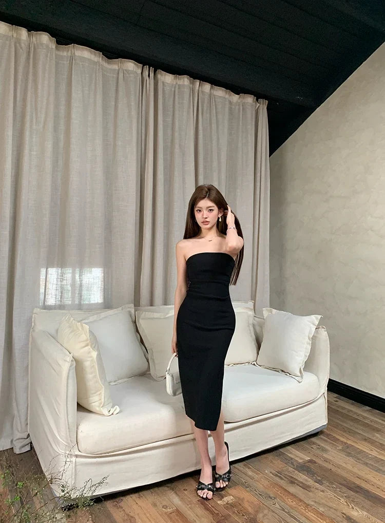 שמלת מידי סטרפלס אלגנטית בעיטור שסע - קורל