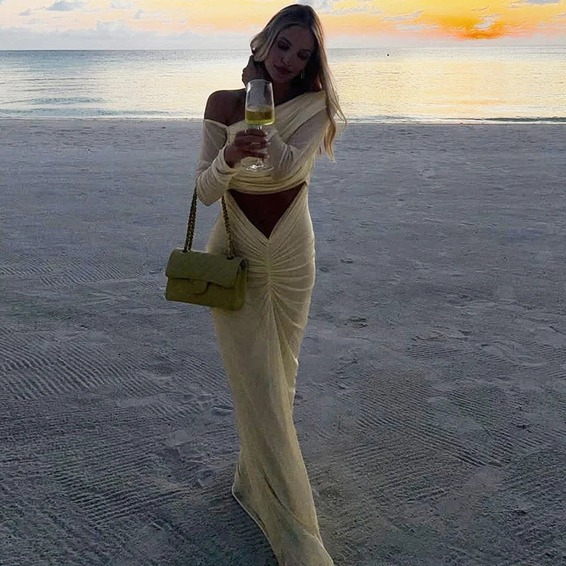 שמלת מקסי כיווצים בעיצוב פתח ושרוולי רשת כתפיים חשופות - אורה