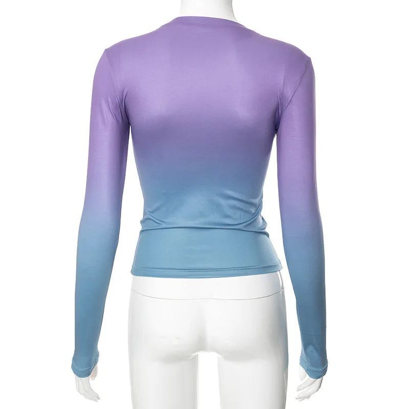 חולצת סתיו דקה שרוולים ארוכים בעיצוב אומברה צבעים - סייאנה