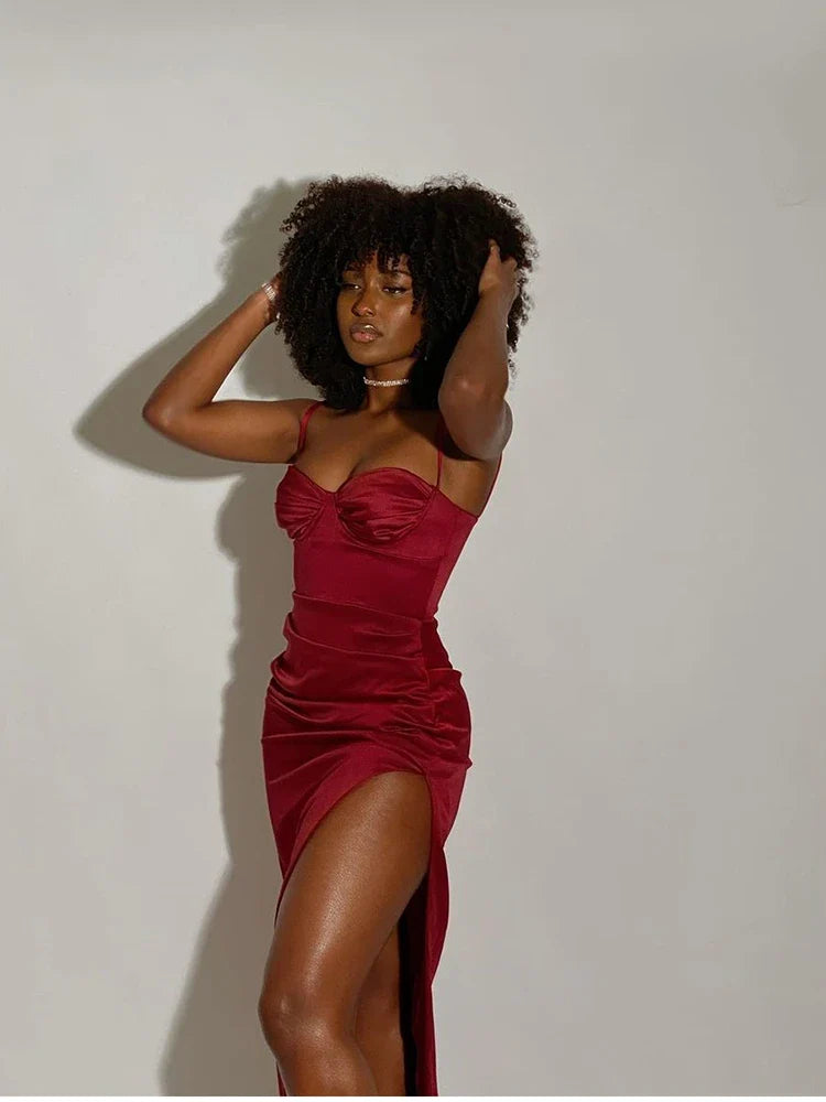 שמלת מקסי סאטן אלגנטית שסע עמוק - ונסיה