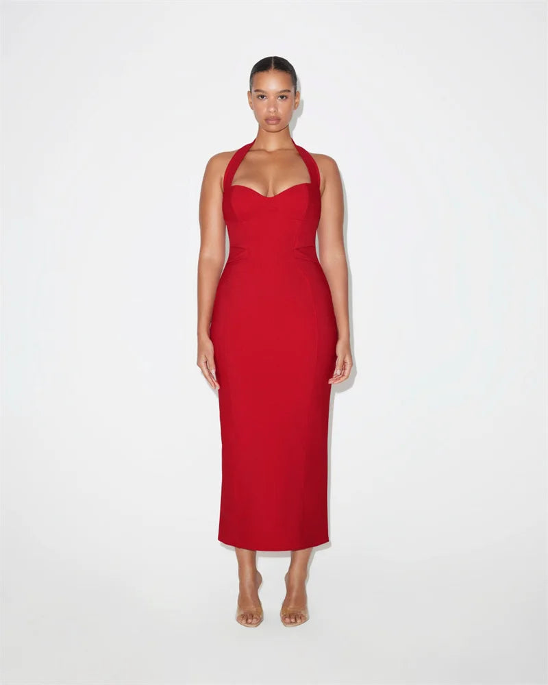 שמלת מקסי צמודה גב פתוח בד מחטב - רונית