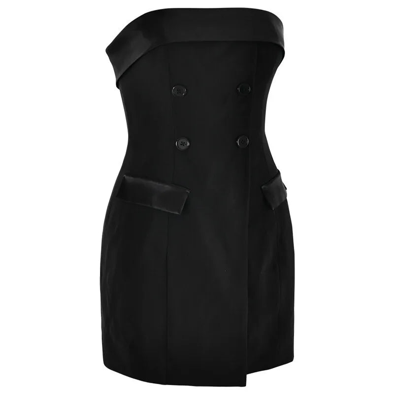 שמלת מיני סטרפלס בעיטור כפתורים ודמוי כיסים - בוני