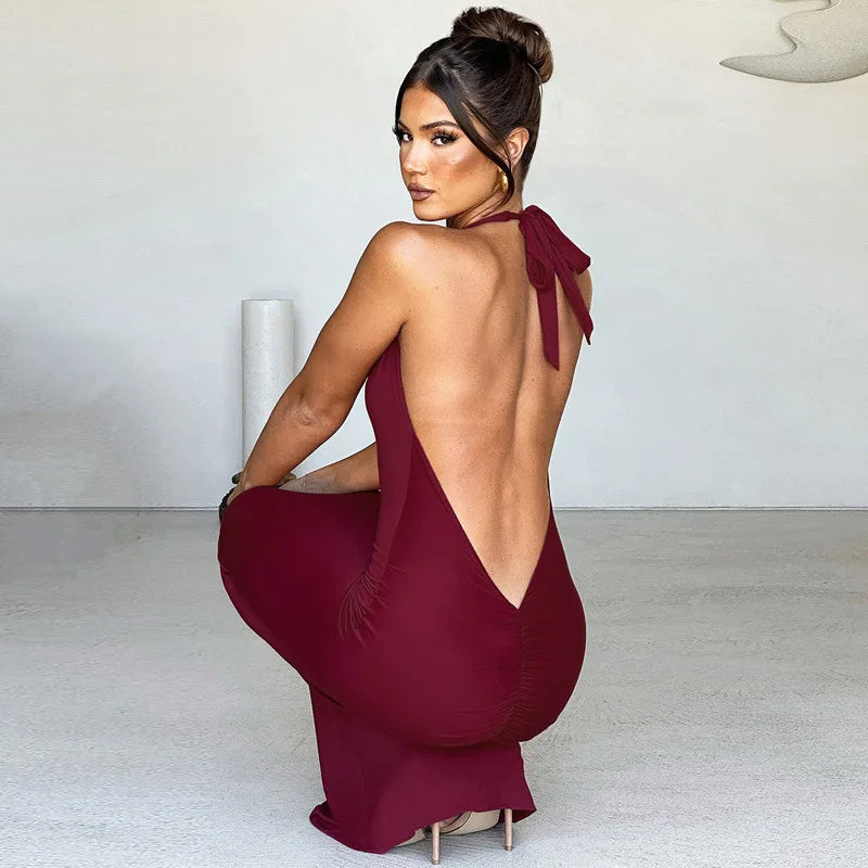 שמלת מקסי אלגנטית קשירה בצוואר גב פתוח - הלאני