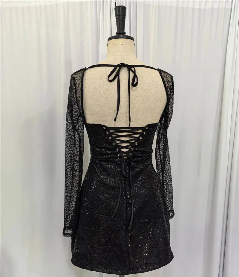 שמלת מיני בעיטור פייטים מנצנצים בגזרת A שרוולי רשת - Skylar