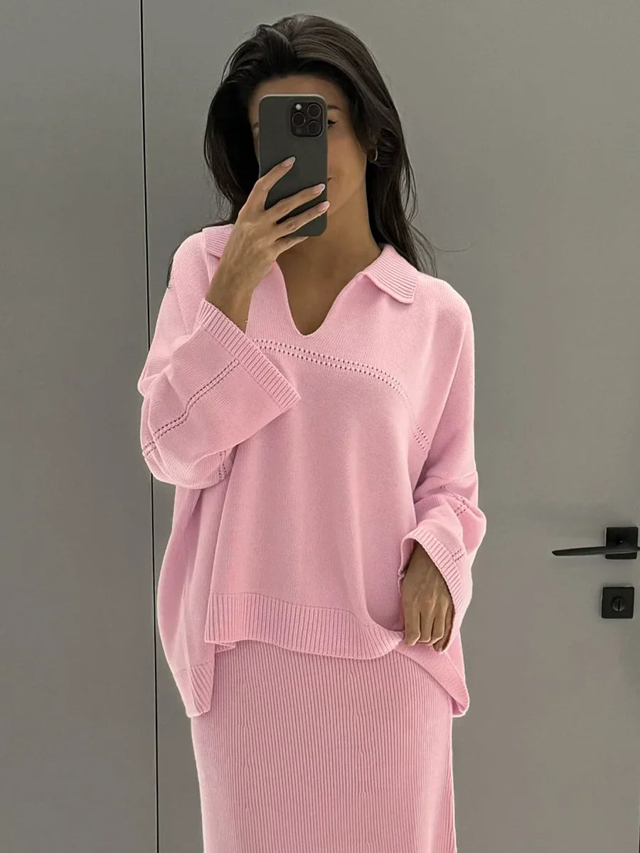 חליפת שני חלקים loose סרוגה חצאית מקסי וחולצה - שילב