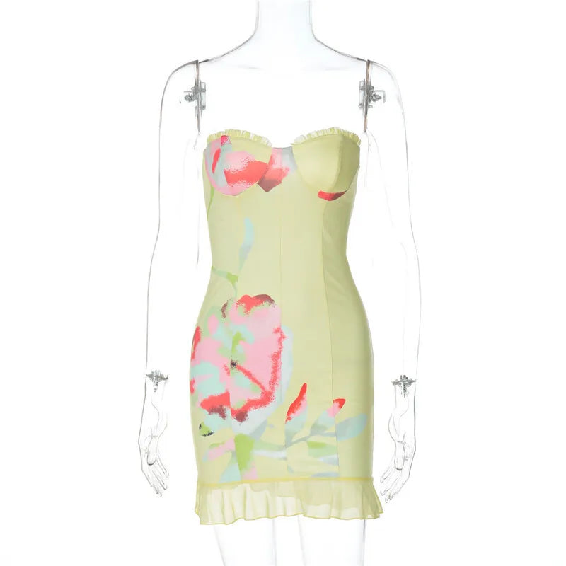 שמלת מיני סטרפלס פרחונית בעיטור מלמלה - Alexa