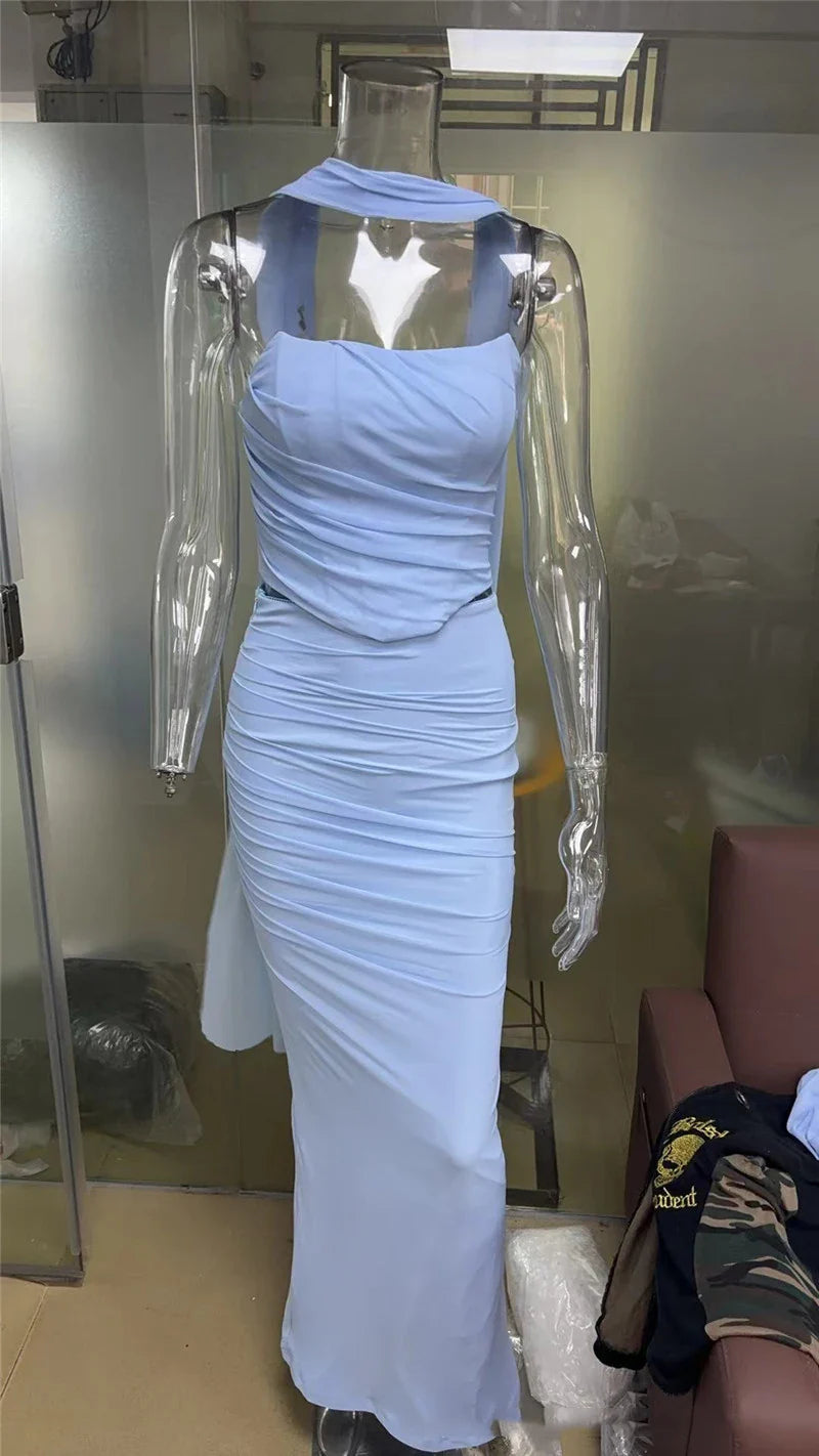 סט שני חלקים טופ סטרפלס וחצאית מקסי בעיטור צעיף תואם - פרנסיה