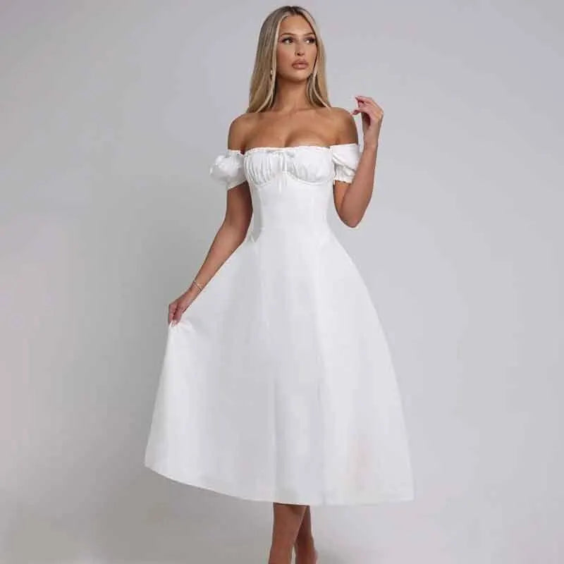 שמלת מקסי בגזרת A בעיצוב כתפיים חשופות שרוולים נפוחים - ג'ינה