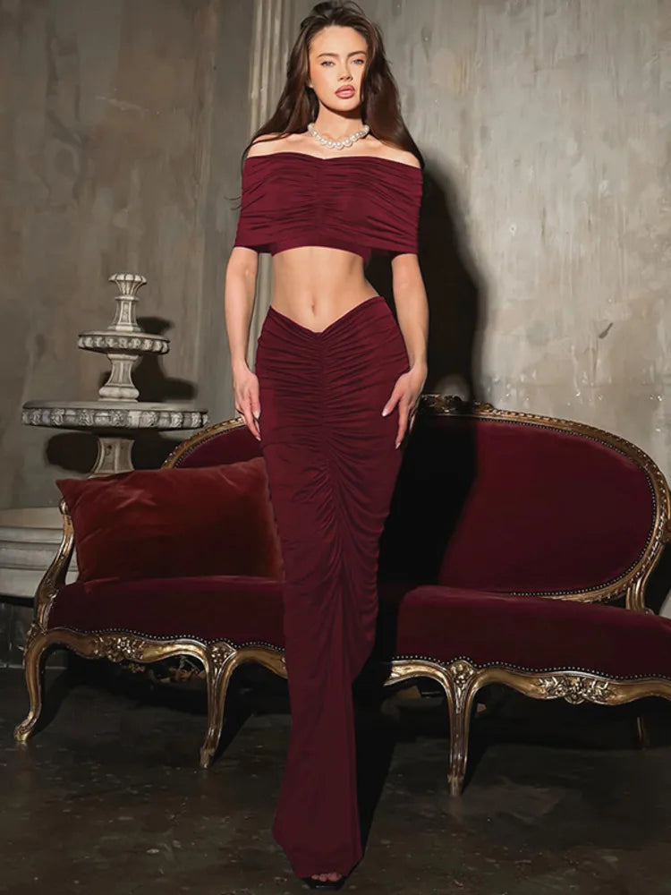 סט בעיצוב כיווצים חצאית מקסי וטופ כתפיים חשופות - מאור