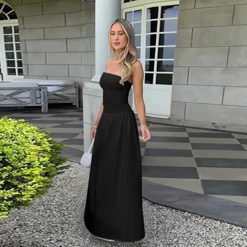 שמלת מקסי סטרפלס בעיצוב כיסים בגזרת A - Indy