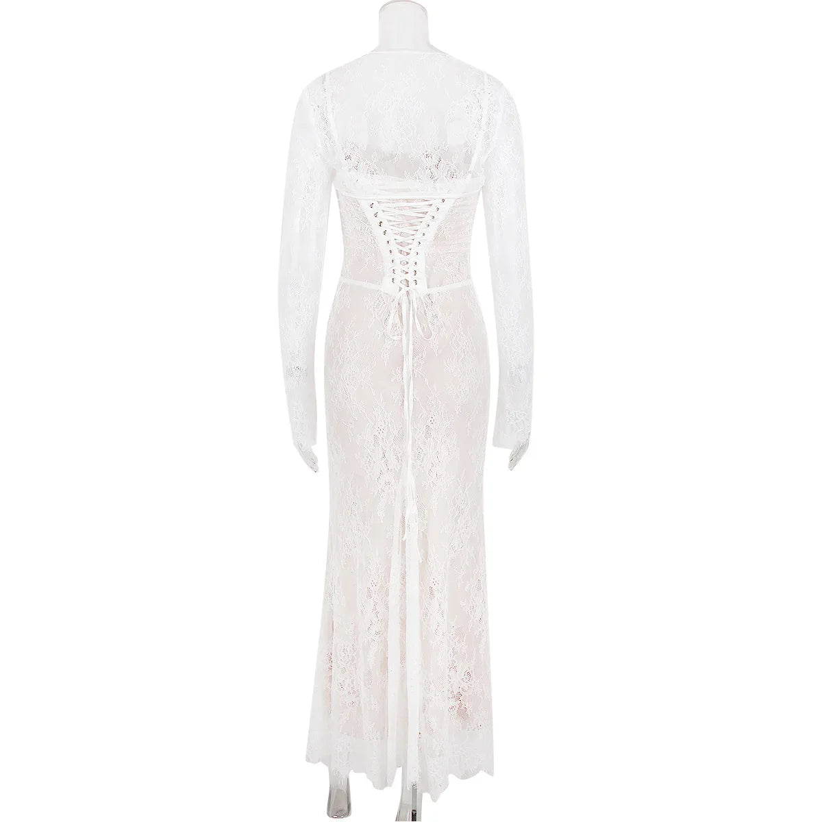 שמלת מקסי אלגנטית תחרה בשילוב עליונית שרוולי תחרה - איליה