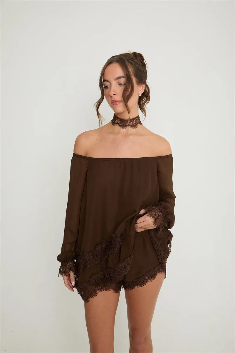 Off-the-shoulder mini dress with lace trim and matching shorts - Mali