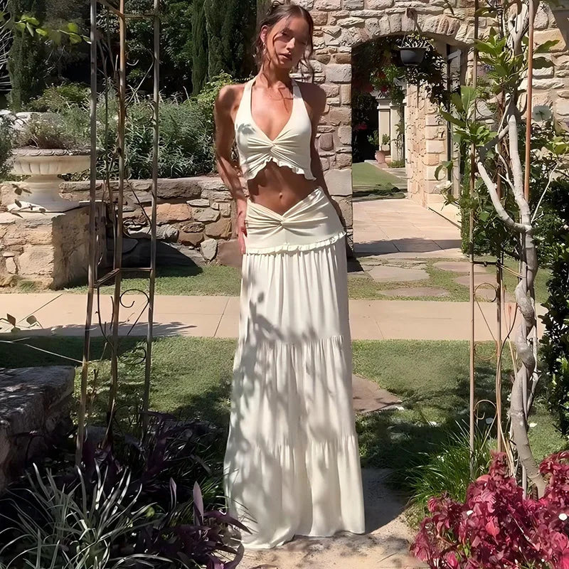 סט שני חלקים חצאית מקסי וטופ קשירה בצוואר - לורנזה