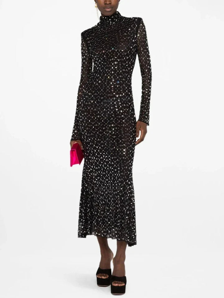 Luxurious maxi evening dress with sparkling diamond embellishment and turtleneck - Emerson