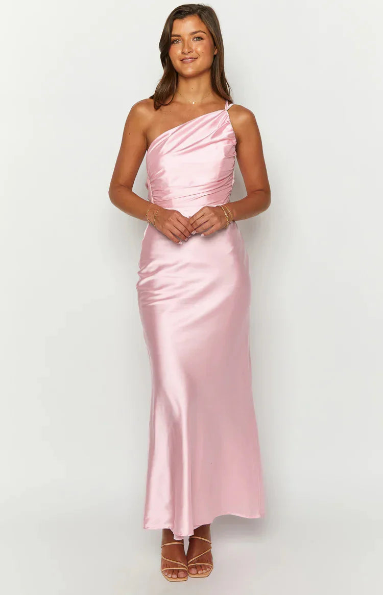 שמלת מקסי סאטן גב פתוח כתפייה אחת - ג'יין