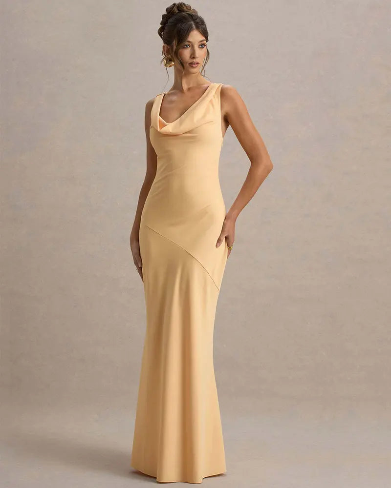 שמלת מקסי סאטן בעיצוב צווארון נופל וגב פתוח - אלקסיס