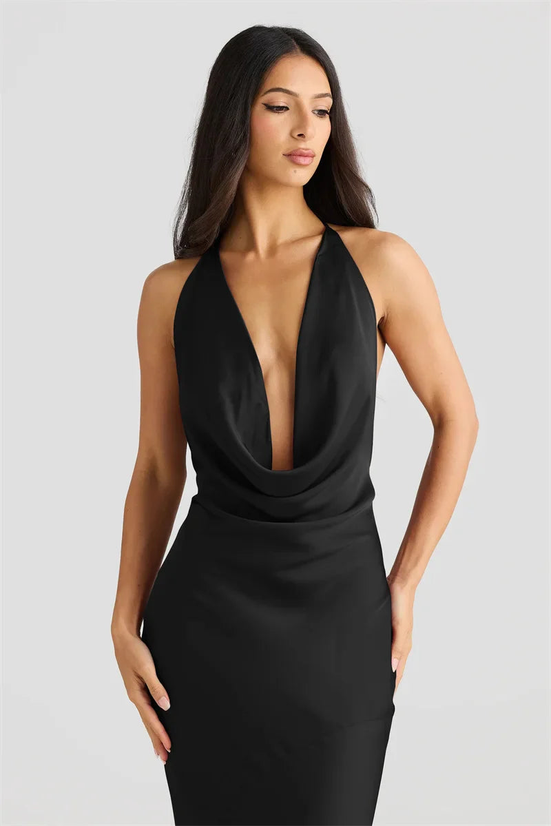 שמלת מקסי סאטן גב פתוח צווארון נופל - פאולה