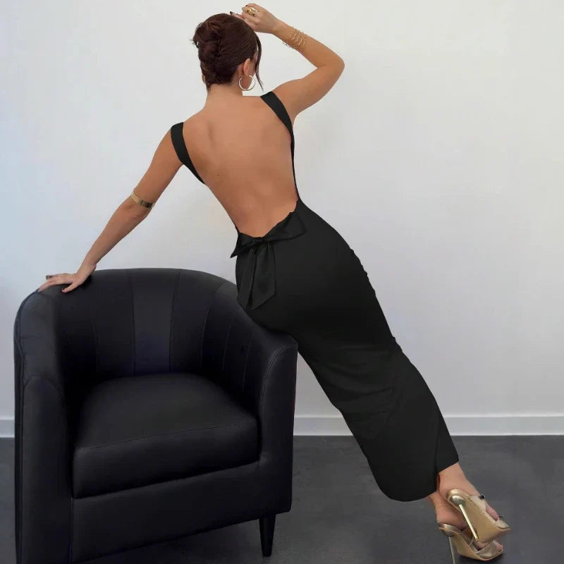 שמלת מקסי גב פתוח בעיטור פפיון סאטן - EMI