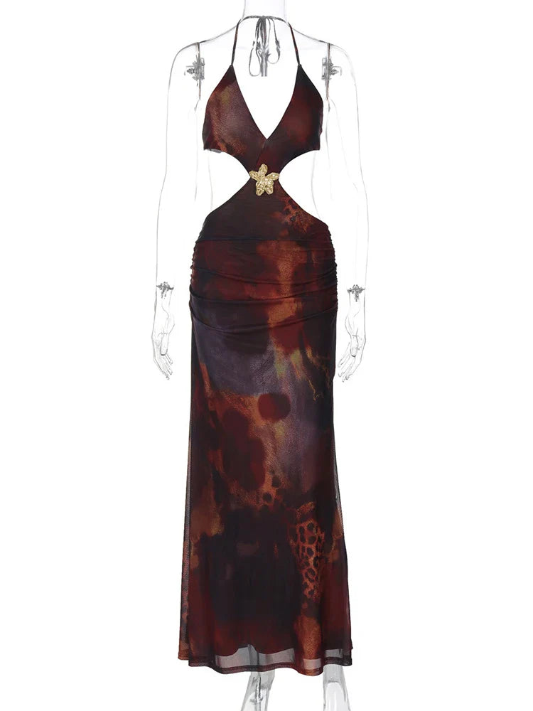 שמלת מקסי בעיצוב הדפס מיוחד בעיטור אבזם פרח - איירס