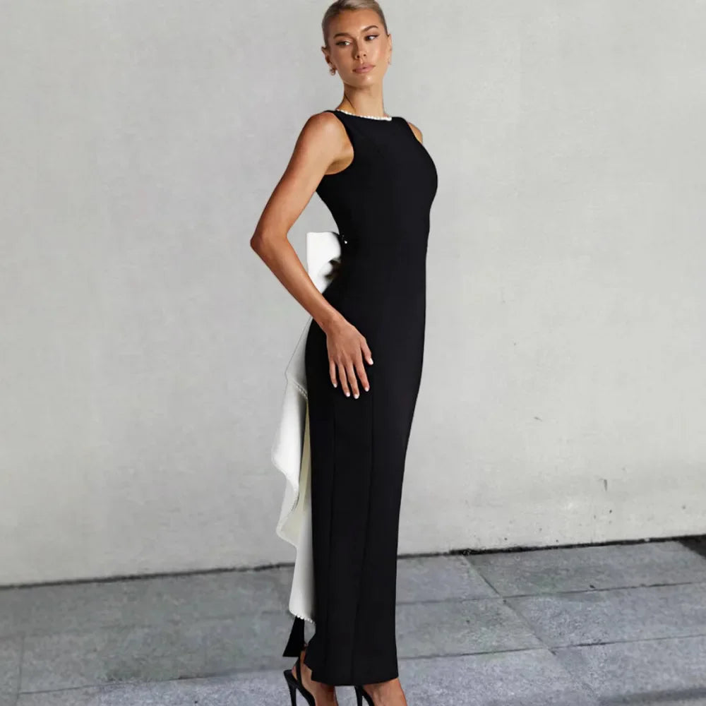 שמלת מקסי בעיצוב אלגנטי יוקרתי בעיטור פפיון ופנינים גב פתוח - קריסטין