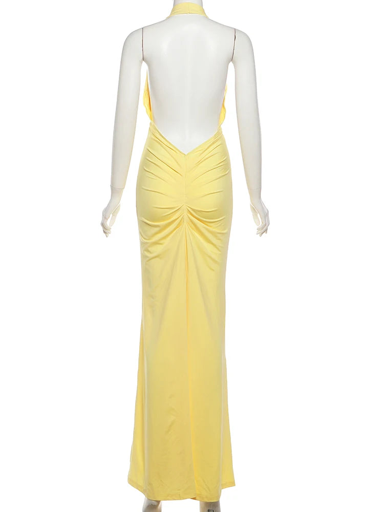 V-neck satin maxi dress with pleated design and open back - Shannon