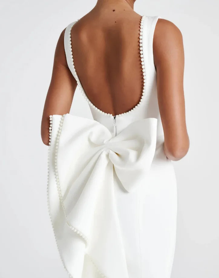 שמלת מקסי בעיצוב אלגנטי יוקרתי בעיטור פפיון ופנינים גב פתוח - קריסטין