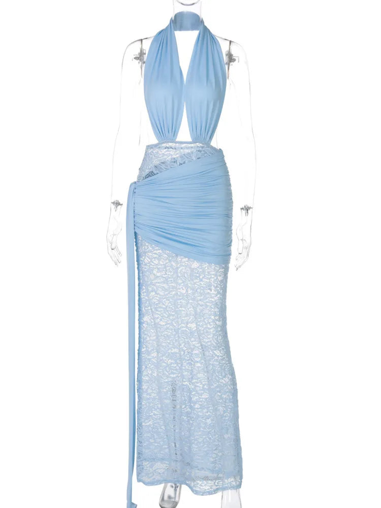 שמלת מקסי כיווצים בעיצוב גב פתוח ומחשוף עמוק בעיטור תחרה ושובל - מריאל