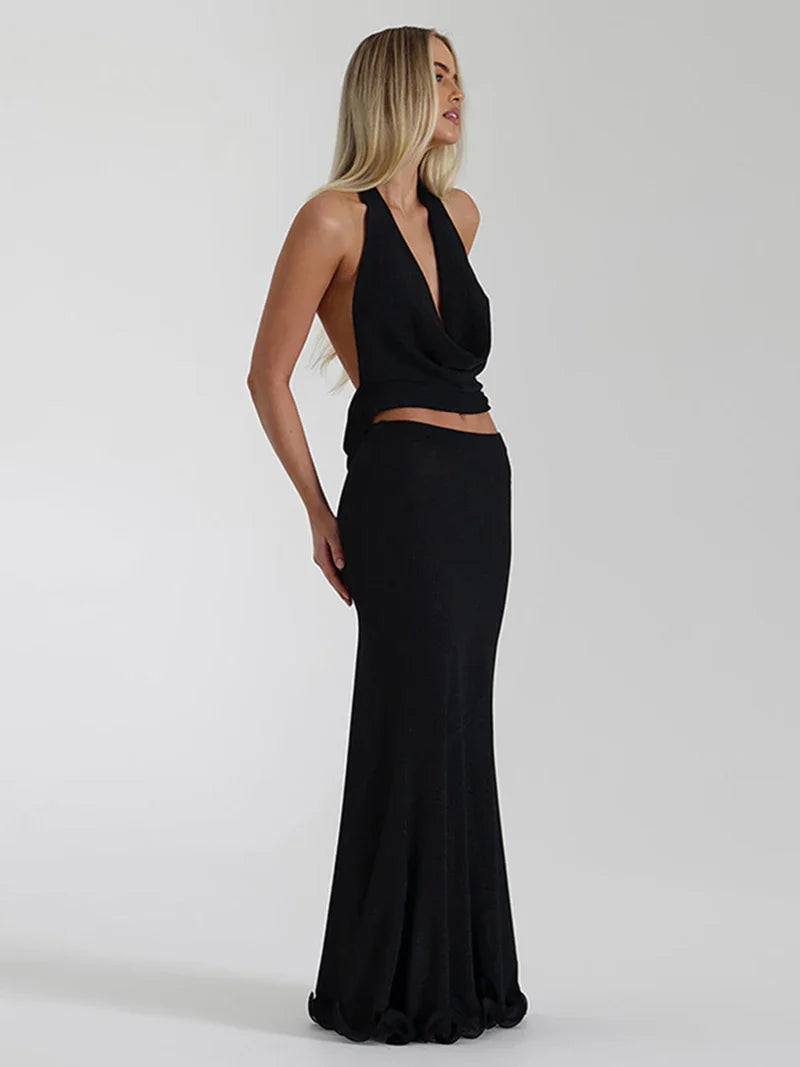 Two-piece set in a flowing fabric design, a drop-neck top with an open back and a maxi skirt - Scarlet