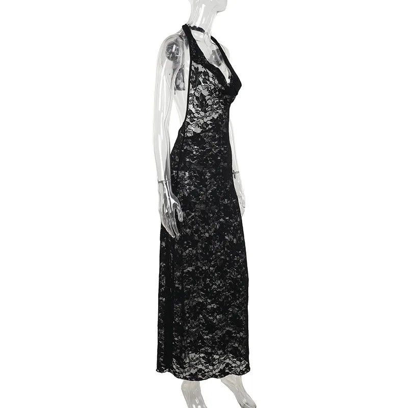 שמלת מקסי תחרה גב פתוח צווארון נופל - וניליה