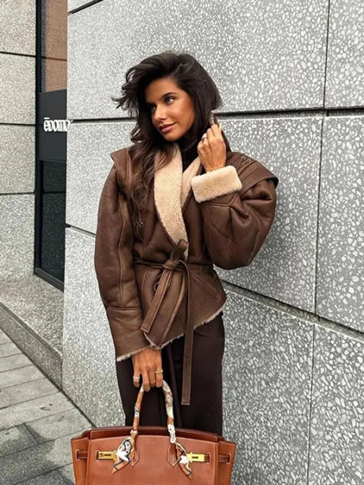 מעיל עור פרווה פנימית בעיצוב קשירת חגורה - מורן