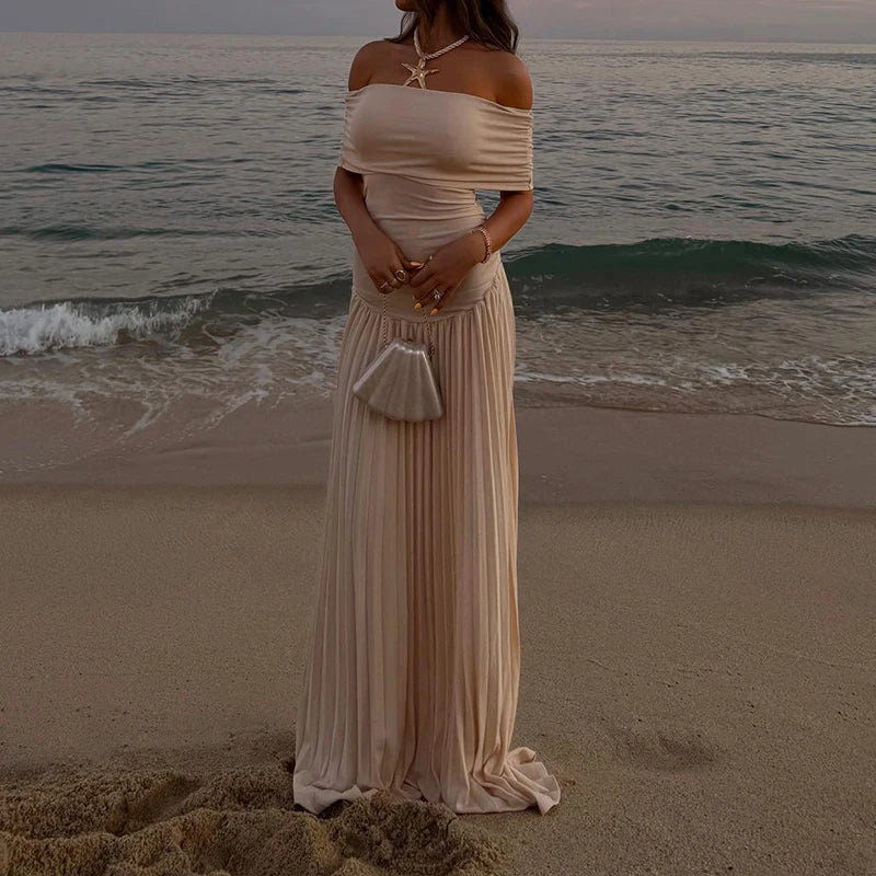 שמלת מקסי סרוגה כיווצים אלגנטית כתפיים חשופות - אלינור