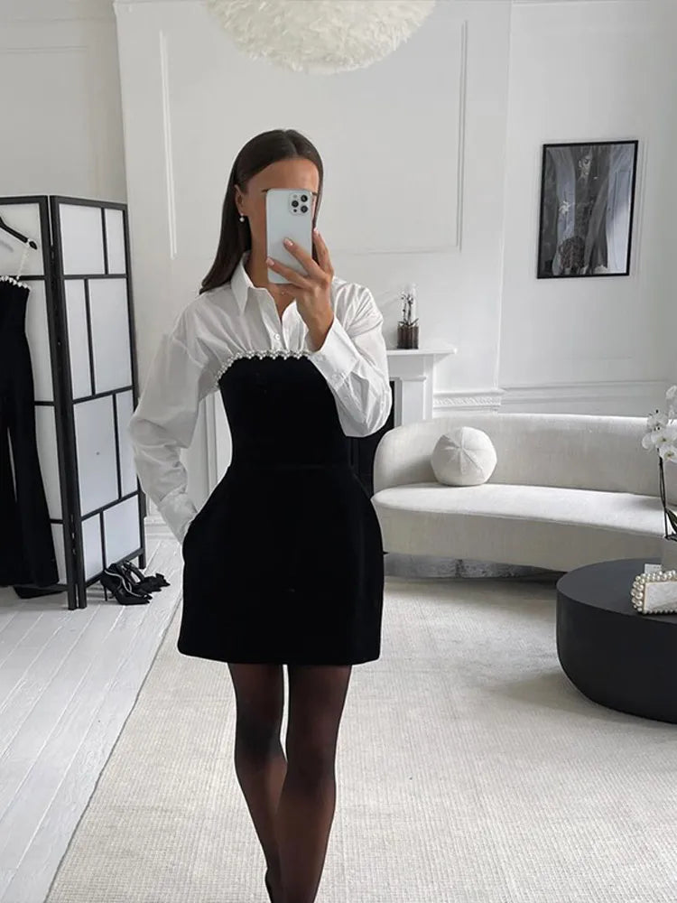 שמלת מיני קטיפה בעיטור פנינים - Vera