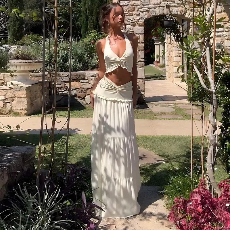 סט שני חלקים חצאית מקסי וטופ קשירה בצוואר - לורנזה