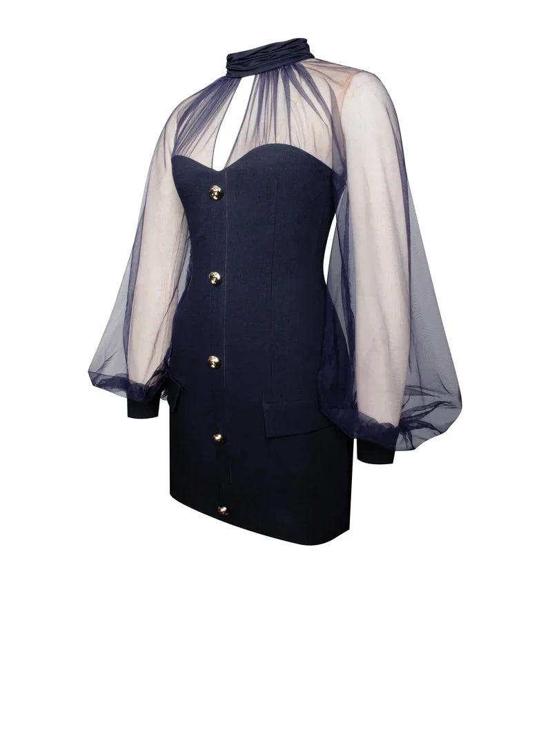 שמלת מיני צמודה בעיצוב מחויט שרוולי שיפון - דרווין