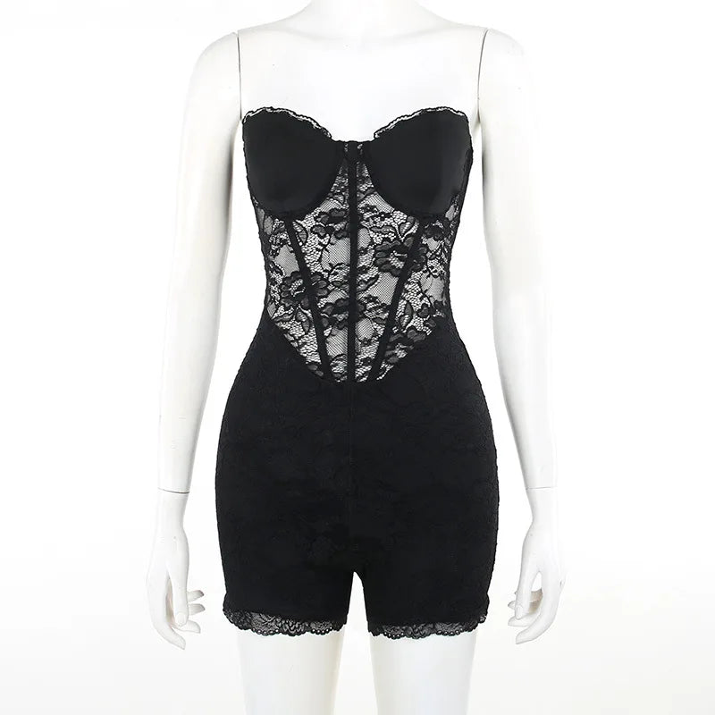 אוברול סטרפלס מכנסיים קצרים בעיטור מחוך תחרה - Alex