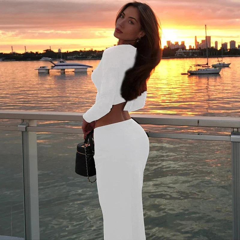 סט שני חלקים חולצת טופ וחצאית מקסי בעיצוב אבזם - ג'סיקה