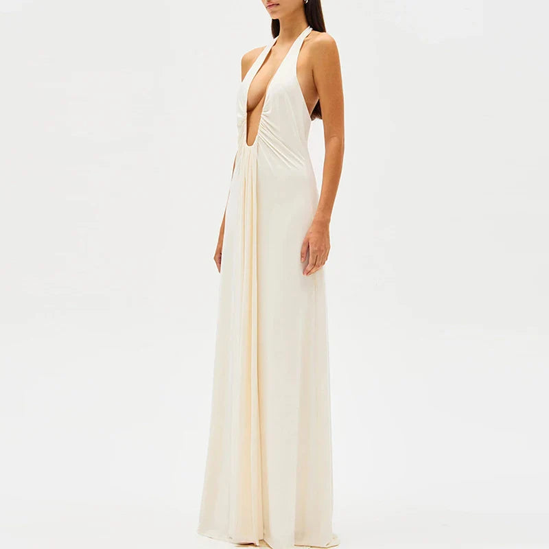 שמלת מקסי מחשוף עמוק גב פתוח - עלמה