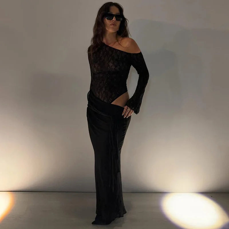 שמלת מקסי בעיצוב שסע ותחרה בעיטור קשירה - WINE