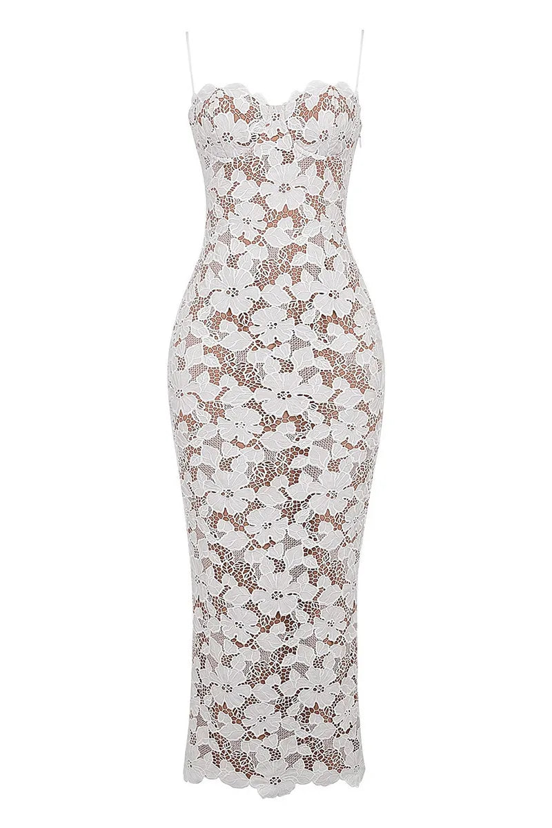 שמלת מקסי תחרה בעיצוב רקמת פרחים קשירות בגב - ורוניקה