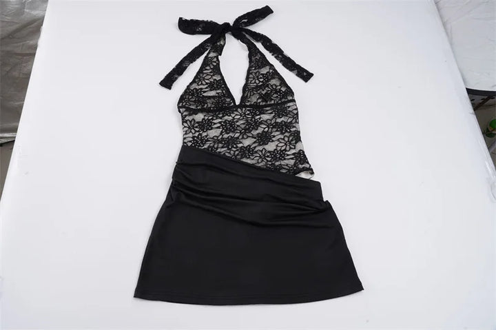 Pleated mini dress in lace bodysuit design - LISS