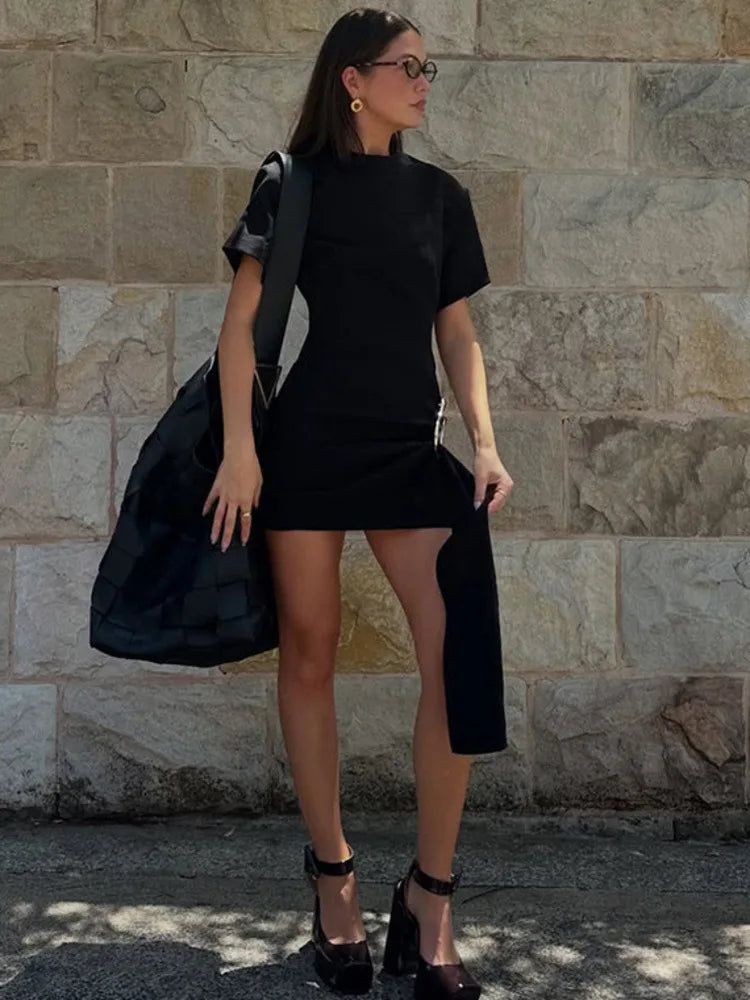 Specially designed mini dress with buckle and train decoration - Morgan